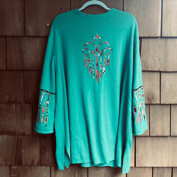 Bob Mackie Womens 3XL Green Embroidered Dream Catcher Button Cardigan Sweater - Picture 7 of 9